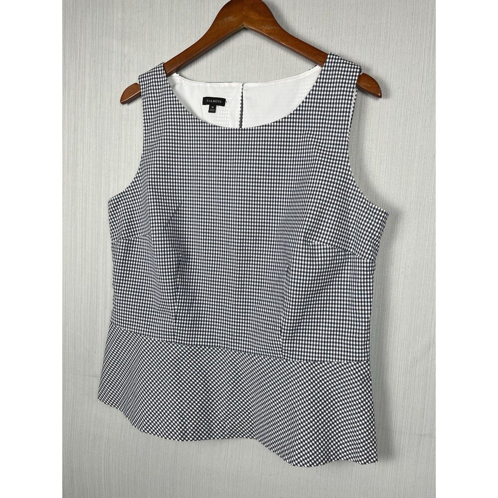 Talbots Gingham Peplum Top Women 14 Navy White Stretch Preppy‎ Officecore